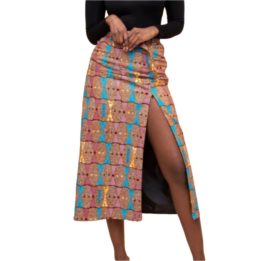 OFUURE Ankara African Print Midi Skirt with Belt L